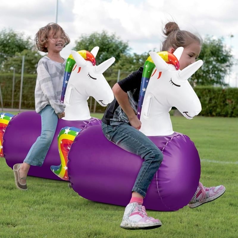 Unicorno e Dino giocattoli gonfiabili cavalca su bouncer Hopper cavallo per l' esibizione